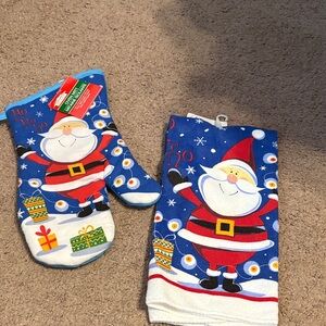 Christmas Santa Oven Mitt and Towel Set - Blue
